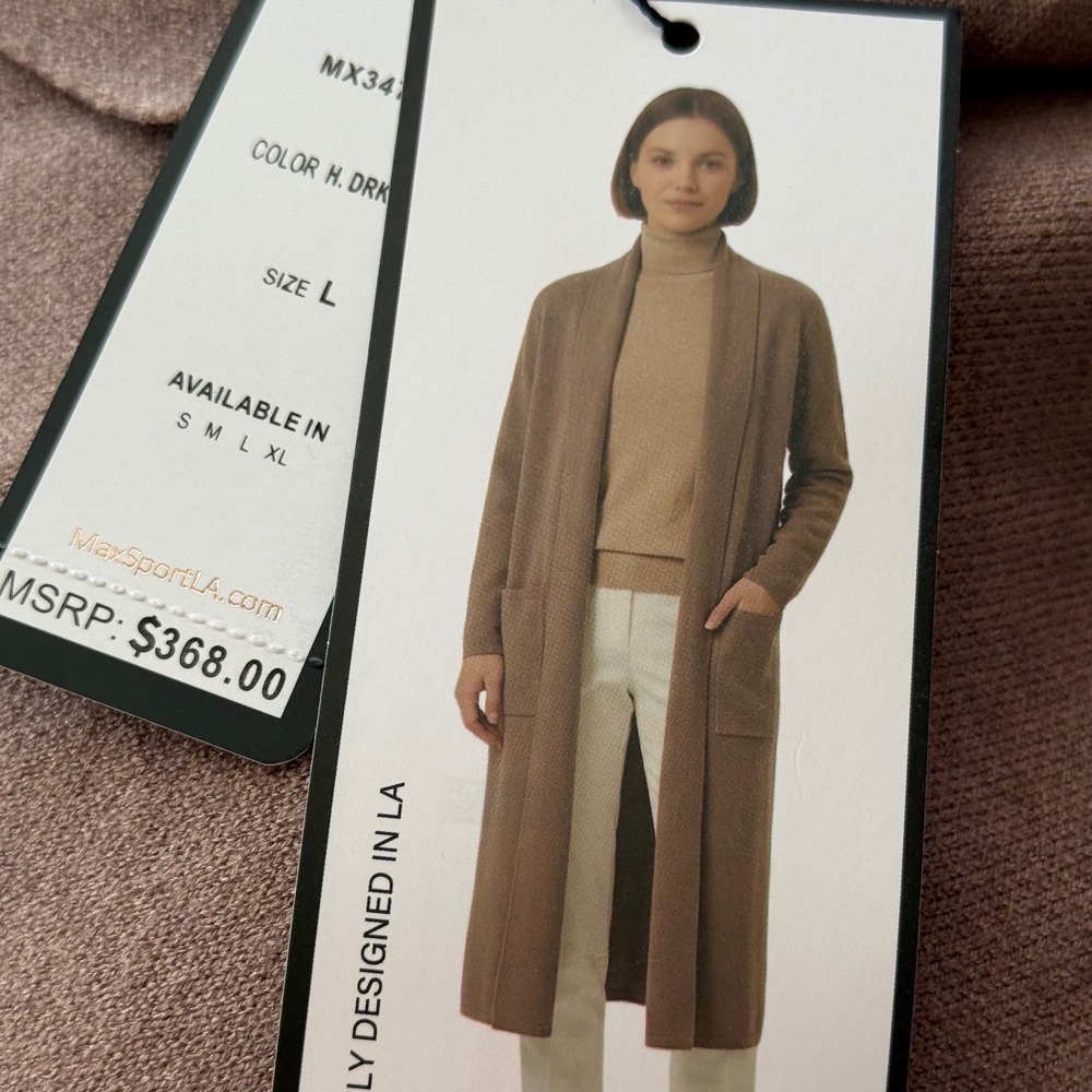MaxSport LA Women Longline Duster Cardigan Sweater Dark Sand L NWT